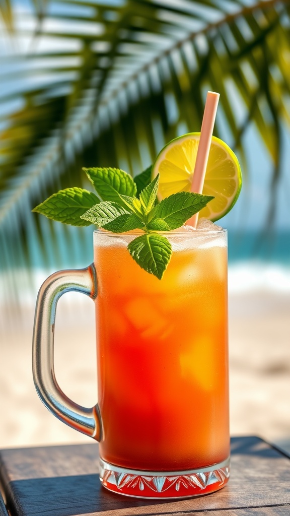 Refreshing Mai Tai Cocktail Recipe A colorful Mai Tai cocktail in a tiki mug with mint and lime garnish, set against a tropical beach background.